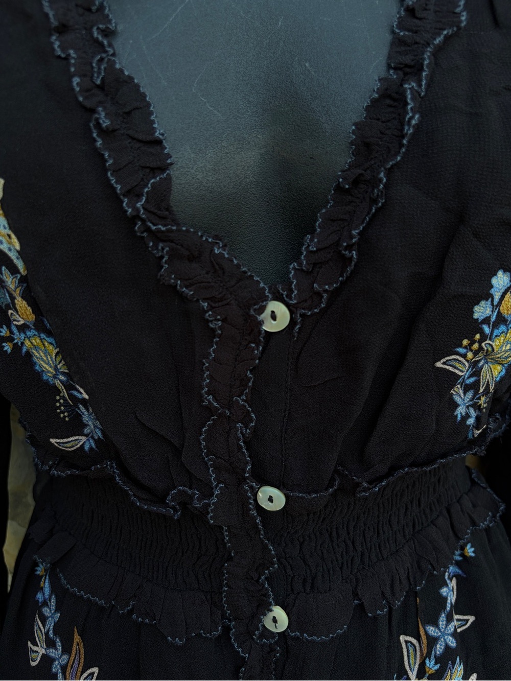 Farm Rio Black Stitched Garden Button Front Long Sleeve Mini Dress NWT XXS Fall - Picture 9 of 15